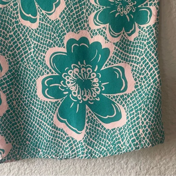 Emily Wonder Floral Blouse Womens S Green Hibiscus Checkered Flared Sleeves Boho - Picture 6 of 10